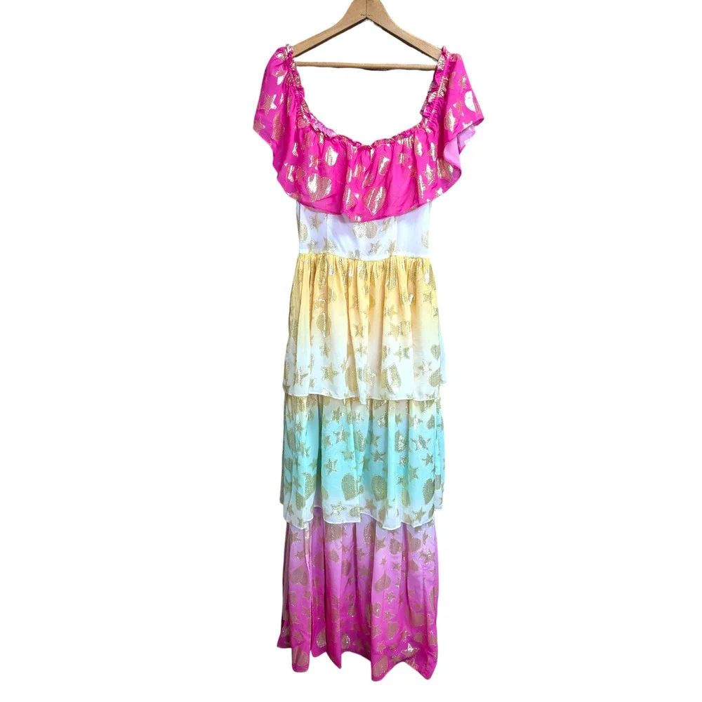 LoveShackFancy Multicolor Metallic Tiered Maxi Dress Pink Gold Stars NWT Size 4